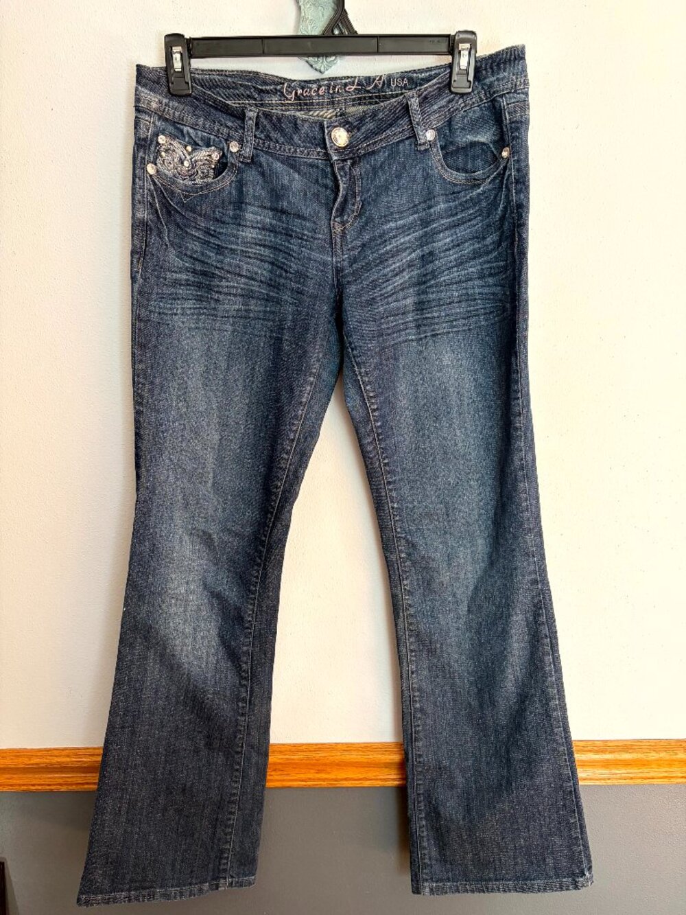 Grace in LA Women's Bootcut Jeans Size 13/33 Medium Wash Rhinestone Stitching